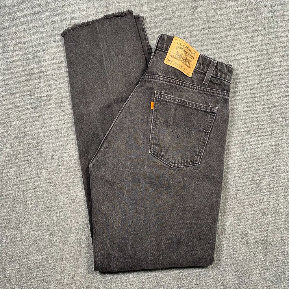 Levi's 505 Jeans 34x33 Black‎ Denim Regular Fit Straight Leg Raw Hem Orange Tab